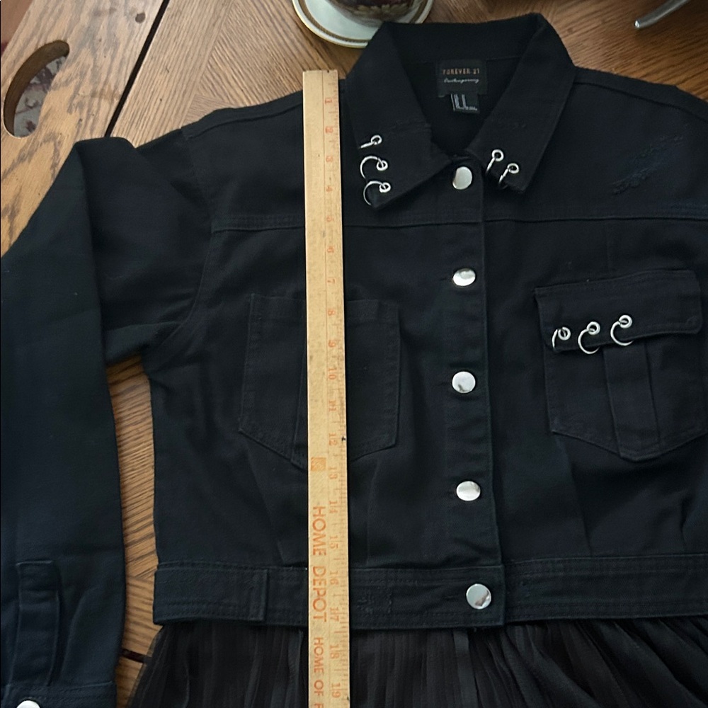 Pierced Black Denim Jacket w Detachable Sheer Tulle Panel - Picture 8 of 16